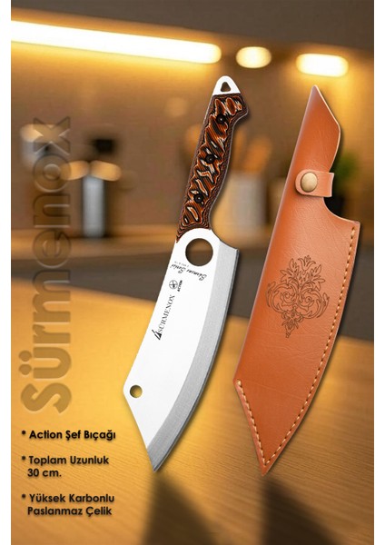 Sürmene Serisi Action Mutfak Şef Bıçağı Bıçak Kamp Bıçağı Deri Kılıflı Kahve Verzalit Sap HDS-124 fiyatları