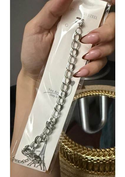 Gümüş Renk Samanyolu Zincir Çelik Bileklik- Çelik Gümüş Rengi Trend Kalın Zincir Bileklik- fırsatları