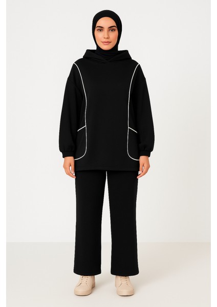 Tesettür Beyaz Biyeli Kapüşonlu Takım modelleri