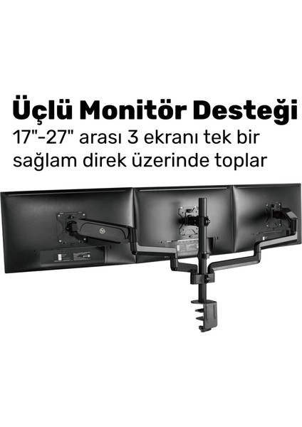 STD48036E Airgrip 17"-27" Ergonomik 360° Amortisörlü Vesa Üçlü Kol Monitör Tutucu indirimleri
