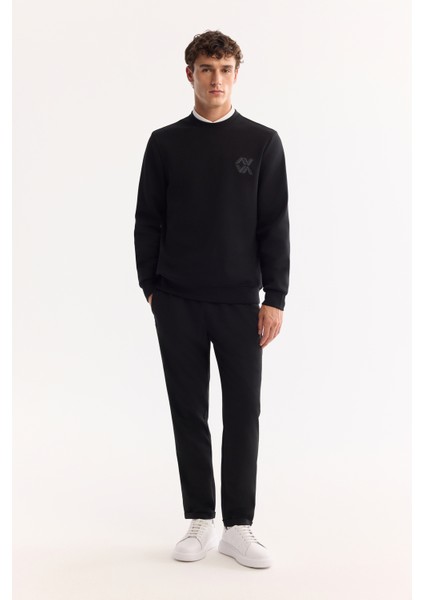 Erkek Siyah Bisiklet Yaka Pamuklu Bi-Stretch Basic Regular Fit Sweatshirt A52Y1328