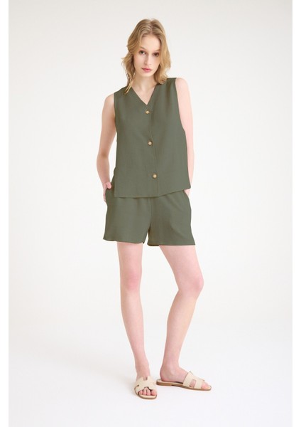 Keten Yazlık Dekolteli Kolsuz Bluz Şort Haki İkili Takım fırsatları