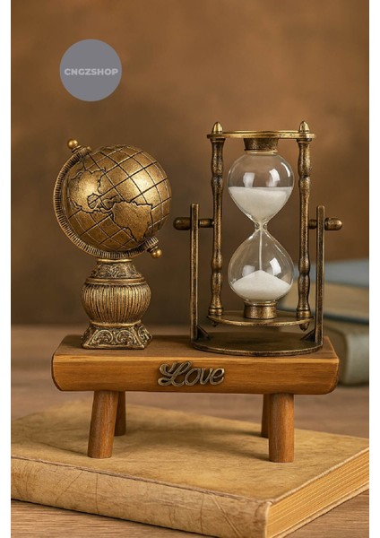 HU53D Vintage Küre Dekoratif Dünya Biblo Kum Saati | Ahşap Standlı Retro Masa Üstü Aksesuar