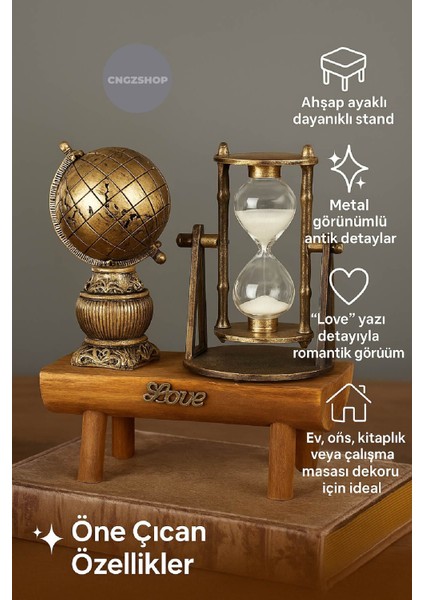 HU53D Vintage Küre Dekoratif Dünya Biblo Kum Saati | Ahşap Standlı Retro Masa Üstü Aksesuar fiyatları