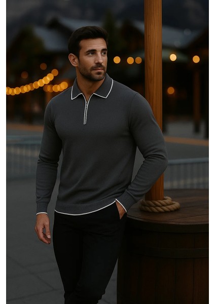 Erkek Günlük Uzun Kollu Füme Polo Yaka Kazak modelleri