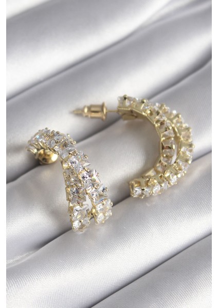 Pirinç Gold Renk Zirkon Taşlı Kadın Küpe - Lisinya