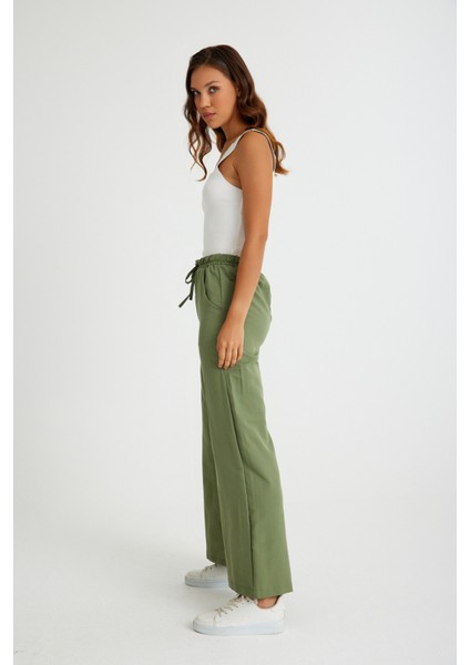Tasarım Beli Lastikli Bağcıklı Keten Günlük Pantolon