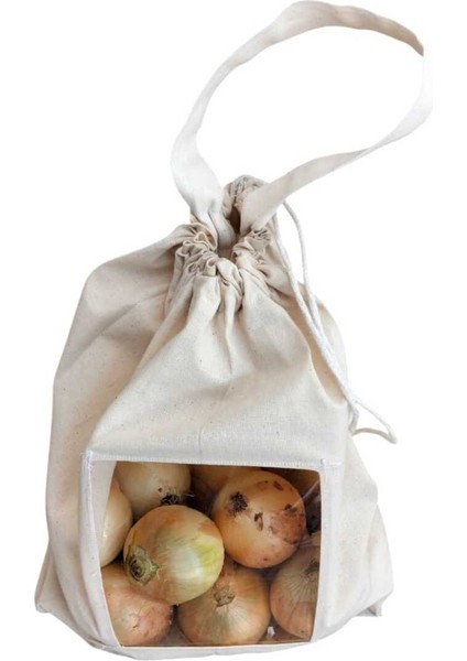 5 kg Soğan Saklama Torbası | Asetat Pencereli Pamuk Ham Bez | Ipli & Saplı Doğal Bez Torba
