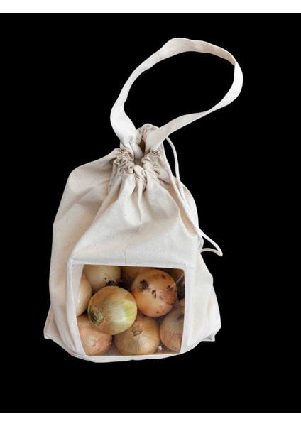 5 kg Soğan Saklama Torbası | Asetat Pencereli Pamuk Ham Bez | Ipli & Saplı Doğal Bez Torba modelleri