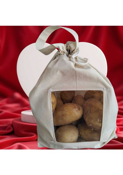 5 kg Patates Saklama Torbası | Pamuk Ham Bez | Asetat Pencereli, Ipli ve Saplı Doğal Bez Poşet