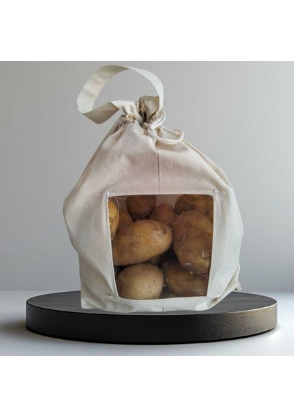 5 kg Patates Saklama Torbası | Pamuk Ham Bez | Asetat Pencereli, Ipli ve Saplı Doğal Bez Poşet modelleri