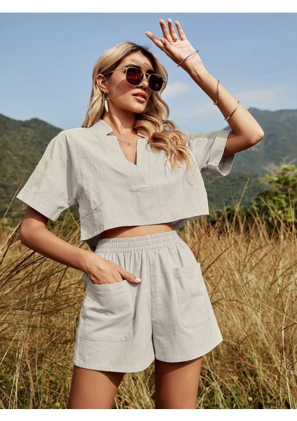 Yaka Detaylı Şortlu İkili Takım
