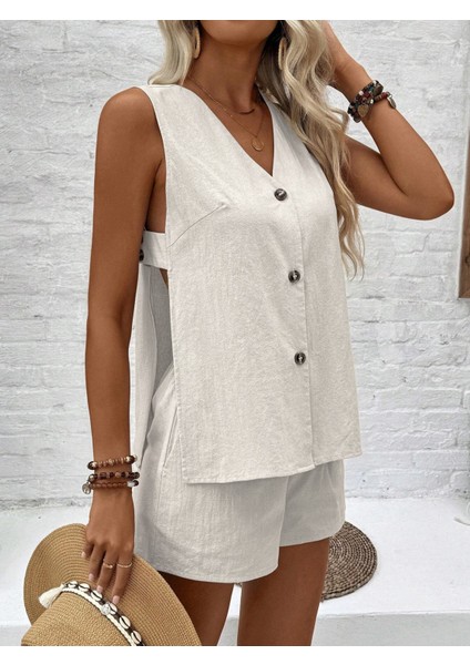 Keten Yazlık Dekolteli Kolsuz Bluz Şort İkili Takım fırsatları