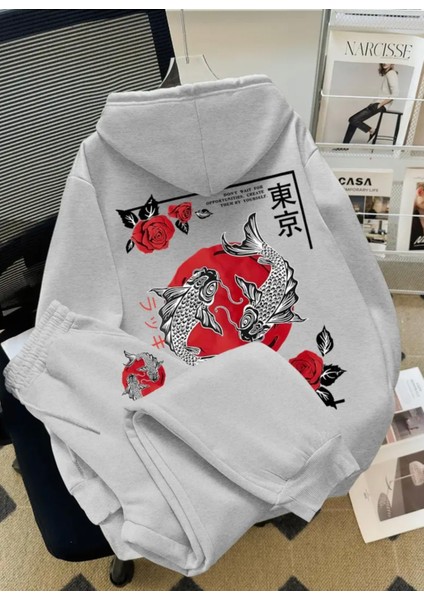 Özel Tasarım Kapüşonlu Koi Balığı Sırt Baskılı %100 Pamuk 3 Iplik Kışlık Japon Stil Erkek Çocuk Eşofman Takımı