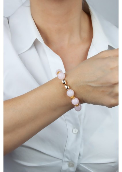 Gold Detay Pembe Kuvars Doğaltaş Kadın Bileklik