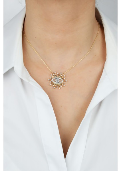 Ince Zincir Zirkon Taşlı Göz Figür Uçlu Gold Kadın Kolye