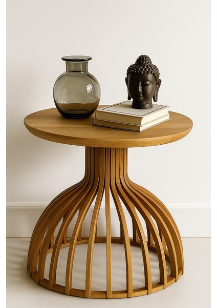 Palermo Yuvarlak Modern Klasik Rustik Retro Vintage Naturel Dekoratif Ahşap Çıtalı Eskitme Iskandinav Yan Orta Mantar Sehpa