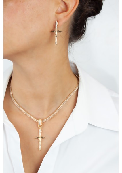 Baget Zirkon Taşlı Melek Kanatlı Kolye Küpe Set