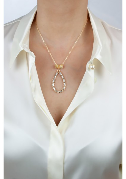 Ince Zincir Baget Taş Uçlu Gold Rondela Detay Kolye