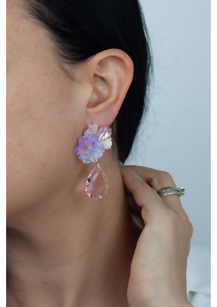 Çiçek Figür Pembe Kristal Küpe