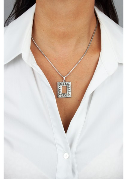 Zirkon Taşlı Kare Uçlu Gümüş Renk Çelik Kolye