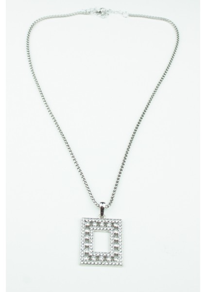 Zirkon Taşlı Kare Uçlu Gümüş Renk Çelik Kolye fiyatları