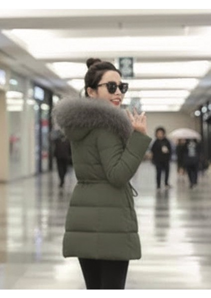 Kışlık Kürk Detaylı Orta Boy Kadın Şişme Mont co122haki2