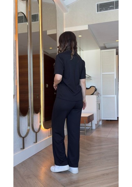 Kadın Kısa Kollu Yakalı Viskon Iki Iplik Bluz ve Pantolon Ikili Takım modelleri