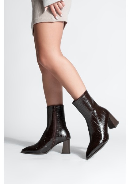 Kadın Kalın Topuklu Sivri Burun Bot Simva Kahve Croco fiyatları