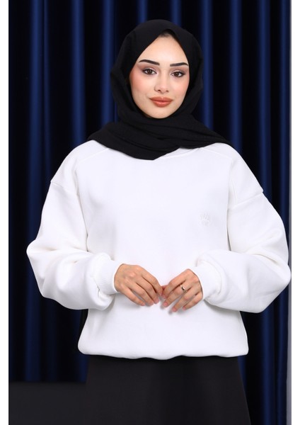 Ekru Bisiklet Yaka Şadonlu Üç iplik Sweat