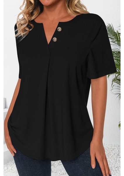 Kadın Kısa Kollu Çentikli V Düğme Detaylı V Yaka Önden Pileli Ithal Keten Bluz
