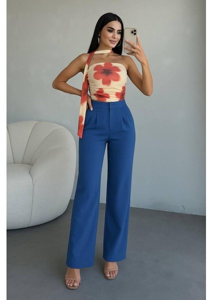 Kadın Yüksek Bel Plise Detay Bol Paça Pantolon