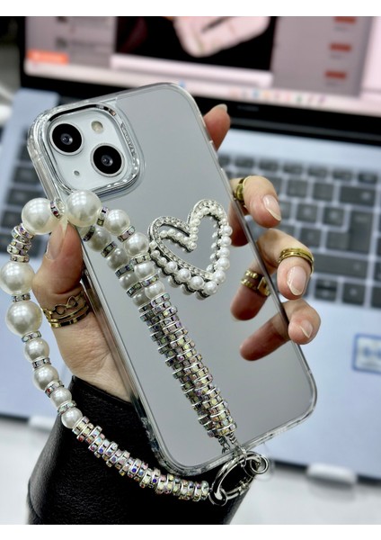 Iphone 13 - 14 - 15 Uyumlu Aynalı Charmlı Kalp Model Silikon Kılıf