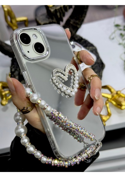 Iphone 13 - 14 - 15 Uyumlu Aynalı Charmlı Kalp Model Silikon Kılıf