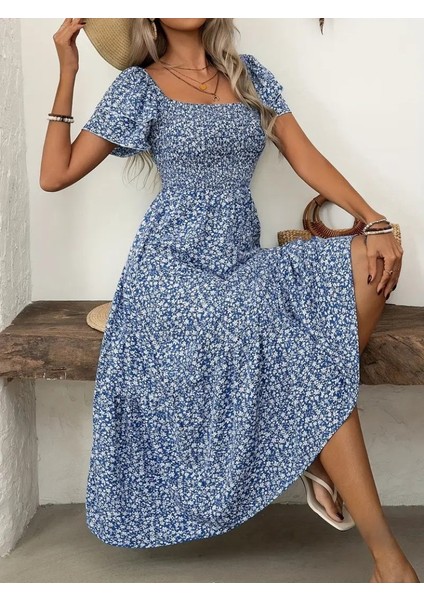 Kadın Kısa Kollu Gipe Detaylı Desenli Midi Süprem Elbise