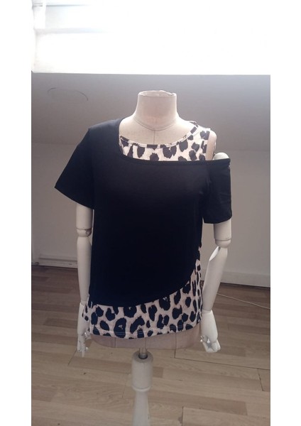 Kadın Kısa Kollu Geometrik Kesin Detaylı Çift Renkli Viskon Bluz fırsatları