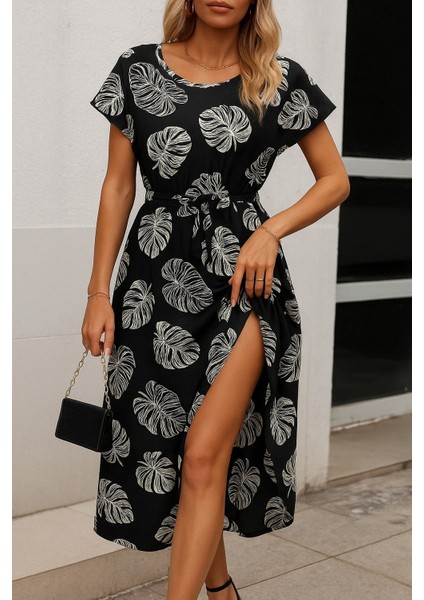 Kadın Kısa Kollu Bisiklet Yaka Desenli Kuşaklı Örme Krep Midi Elbise