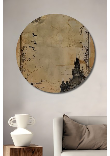 Gotik Korku Şatosu Kara Kalem Görünümlü Ahşap Tablo Yuvarlak Tablo