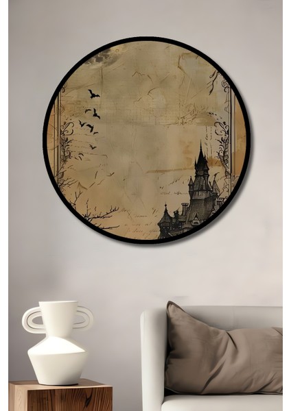 Gotik Korku Şatosu Kara Kalem Görünümlü Ahşap Tablo Yuvarlak Tablo fiyatları