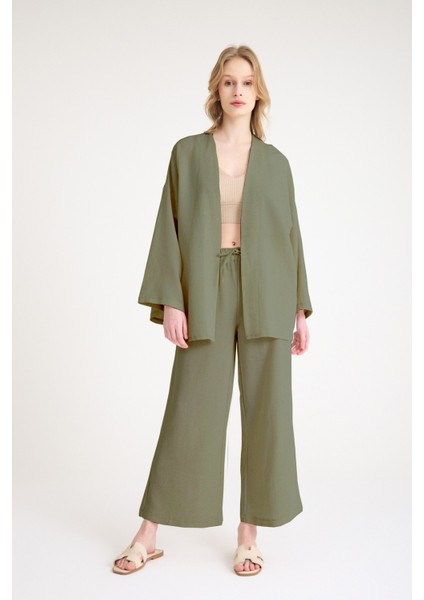 Keten Kadın Salaş Kimono İkili Haki Takım indirimleri