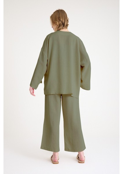 Keten Kadın Salaş Kimono İkili Haki Takım