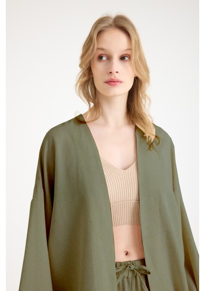 Keten Kadın Salaş Kimono İkili Haki Takım