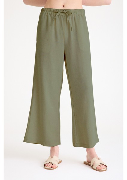 Keten Kadın Salaş Kimono İkili Haki Takım