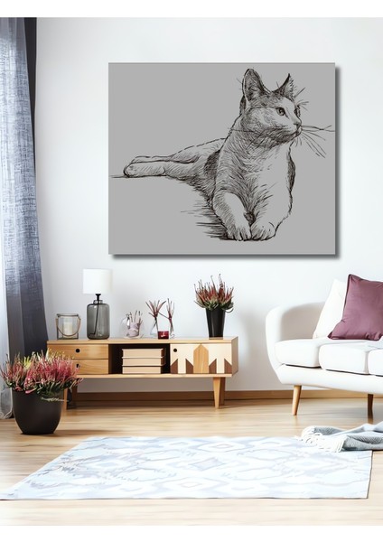 Kara Kalem Görünümlü Kedi Ahşap Dekoratif Tablo Dikdörtgen Tablo