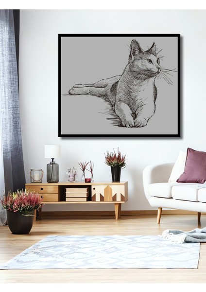 Kara Kalem Görünümlü Kedi Ahşap Dekoratif Tablo Dikdörtgen Tablo fiyatları