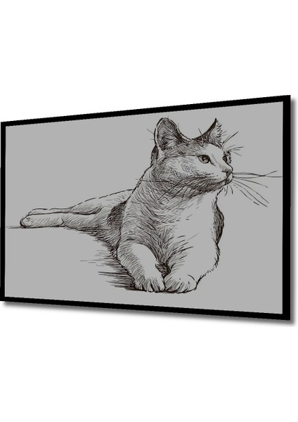 Kara Kalem Görünümlü Kedi Ahşap Dekoratif Tablo Dikdörtgen Tablo indirimleri
