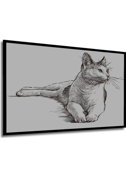 Kara Kalem Görünümlü Kedi Ahşap Dekoratif Tablo Dikdörtgen Tablo