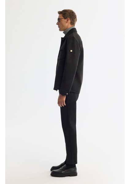 Erkek Siyah Klasik Yaka Önü Fermuar ve Çıtçıt Kapama Mevsimlik Comfort Fit Mont A42Y6077