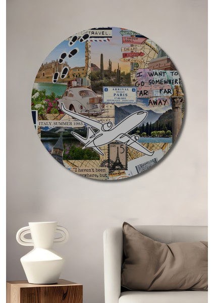 Dünya Turu Ilhamı Yağlı Boya Görünümlü Ahşap Dekoratif Tablo Yuvarlak Tablo