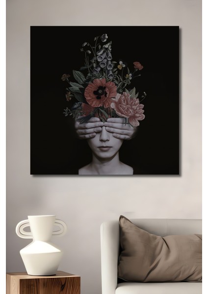Gızemlı Kadın ve Çiçekler Kara Kalem Görünümlü Ahşap Dekoratif Tablo Dikdörtgen Tablo